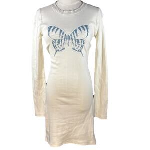 Forever 21 Cream Butterfly Dress Long Sleeved Ribbed Tunic Top Size Small